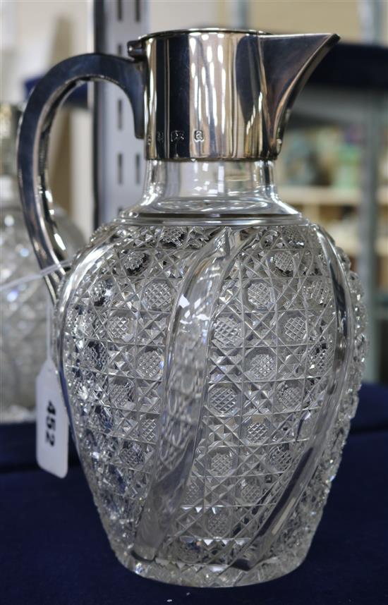 A late Victorian silver and cut glass claret jug by Hukin & Heath, Birmingham, 1900, 9in.